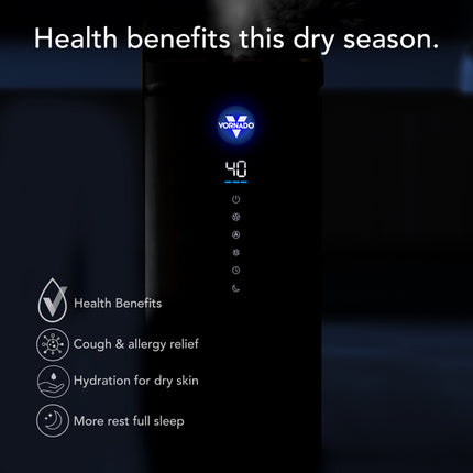 Vornado humidifier with health benefits text on a dark background
