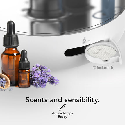 Aromatherapy diffuser with essential oil bottles and lavender flowers on a white surface.