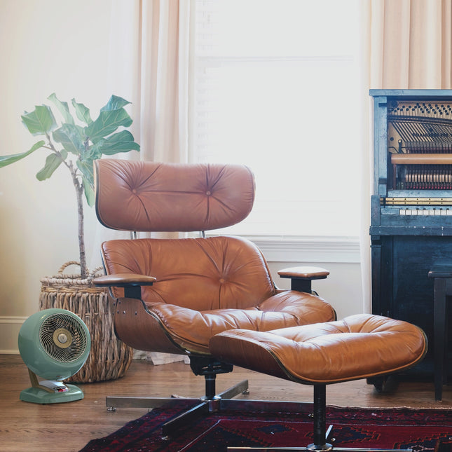 Brown leather lounge chair with ottoman in a room with a plant and vintage-style heater.
