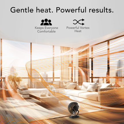 Modern living room with a heat distribution graphic and text about comfort and power.