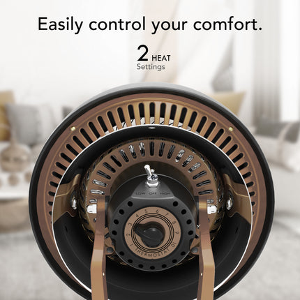Close-up of a heating element with text 'Easily control your comfort. 2 Heat Settings' in a blurred indoor setting.