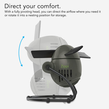 Portable fan with a pivoting head labeled 'Zippi' on a white background