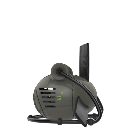 Black folding fan with 'Zippi' branding on a white background