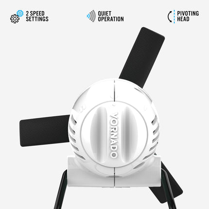 White portable fan with black base on a white background, featuring 'Vornado' branding.