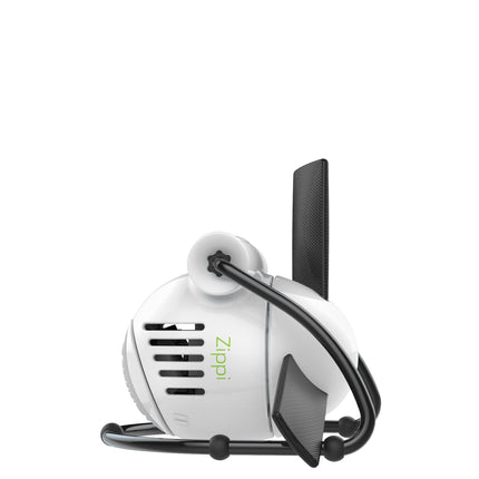 White folding fan with a black base on a white background
