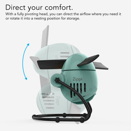 Teal Zippi fan with pivoting head on a white background