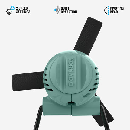 Green fan with features listed on a white background