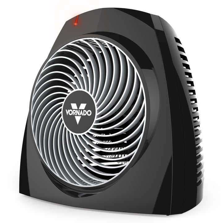 Black Vornado VH200 whole room space heater, complete front and side view