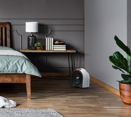 Modern bedroom with wooden bed, nightstand, and white vornado heater on wooden floor.