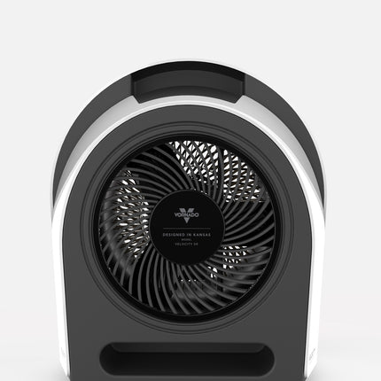 Black and white portable fan on a white background