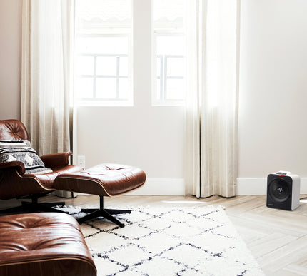 Modern living room with brown leather chair and ottoman, white heater, and large windows.