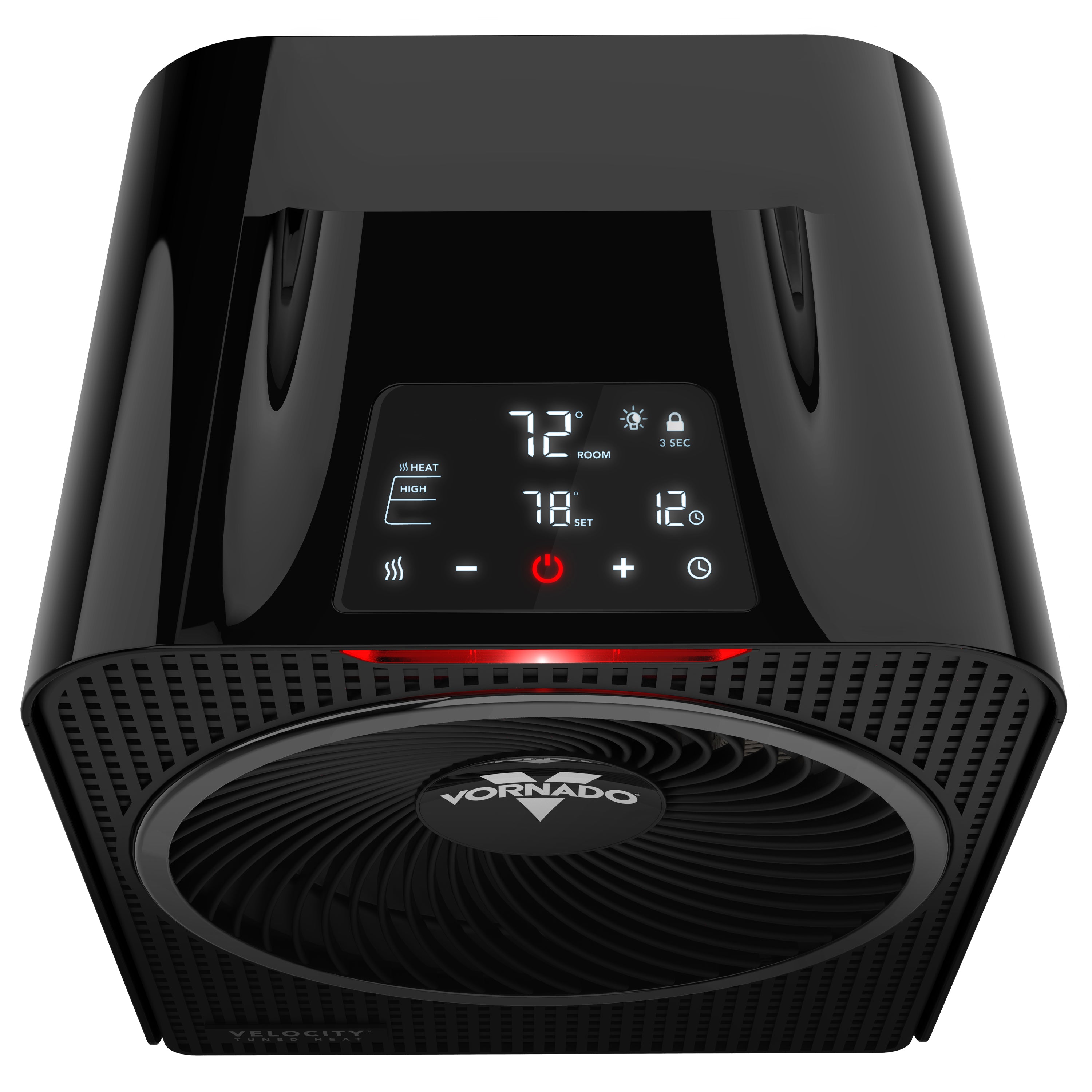 Black Vornado heater with digital display on a white background