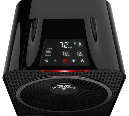 Black Vornado heater with digital display on a white background