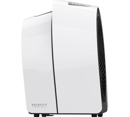 White and black heater with 'Velocity' branding on a white background