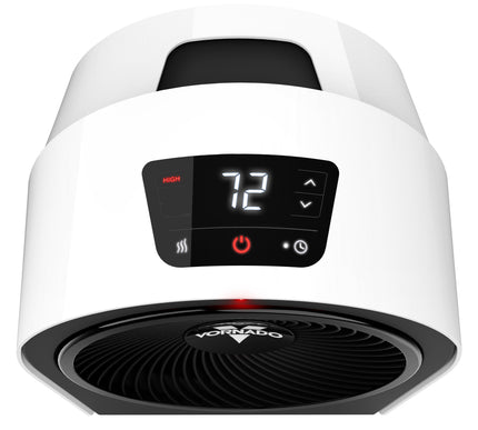 White and black portable heater with digital display on a white background