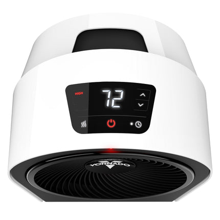 White and black portable heater with digital display on a white background