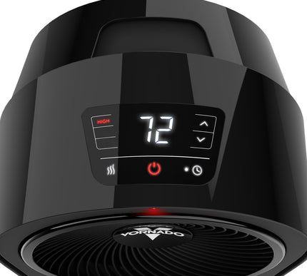 Black portable heater with digital display and 'Vornado' branding on a white background