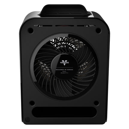 Black fan with Velocity 5 branding on a white background