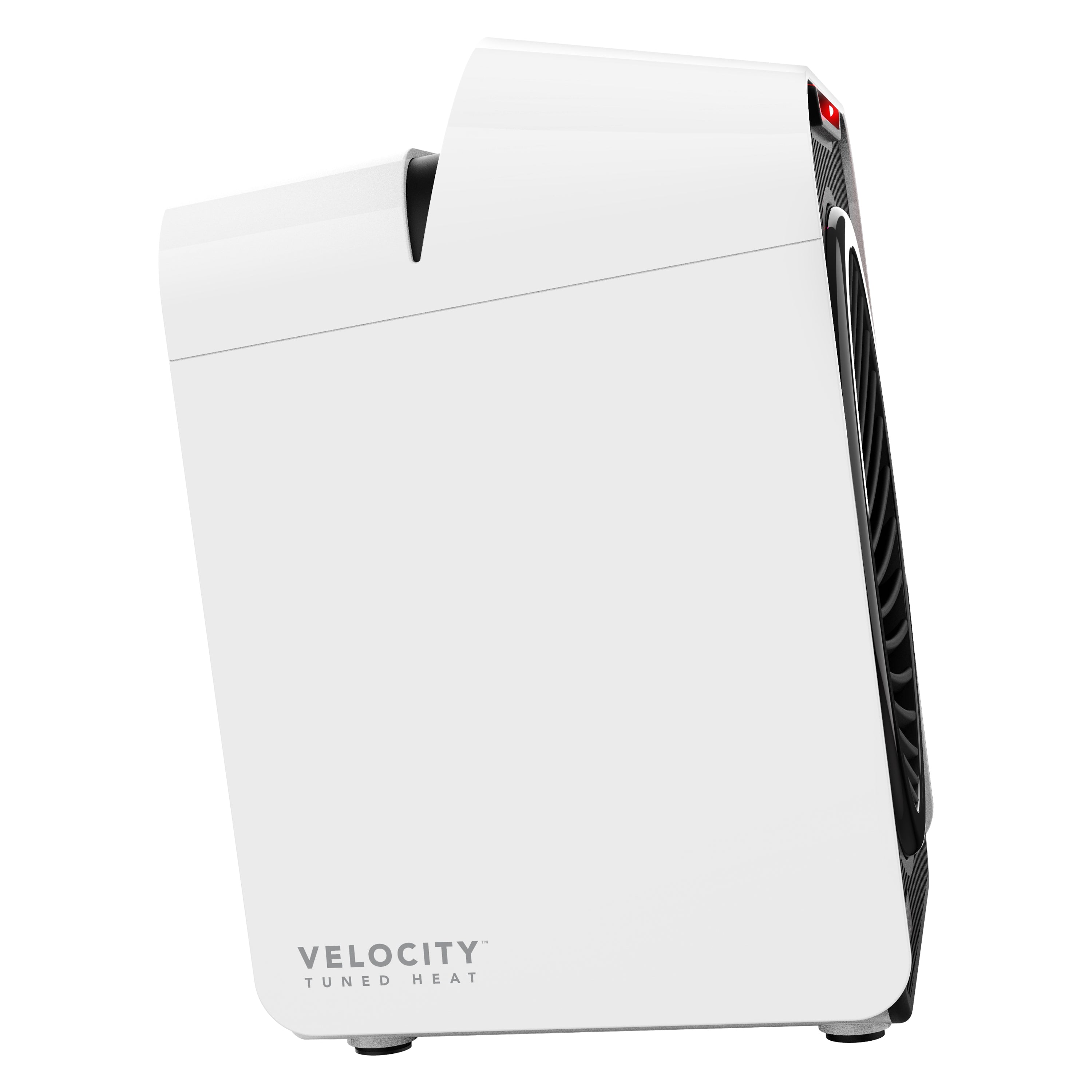 White personal heater with 'Velocity Tuned Heat' branding on a white background