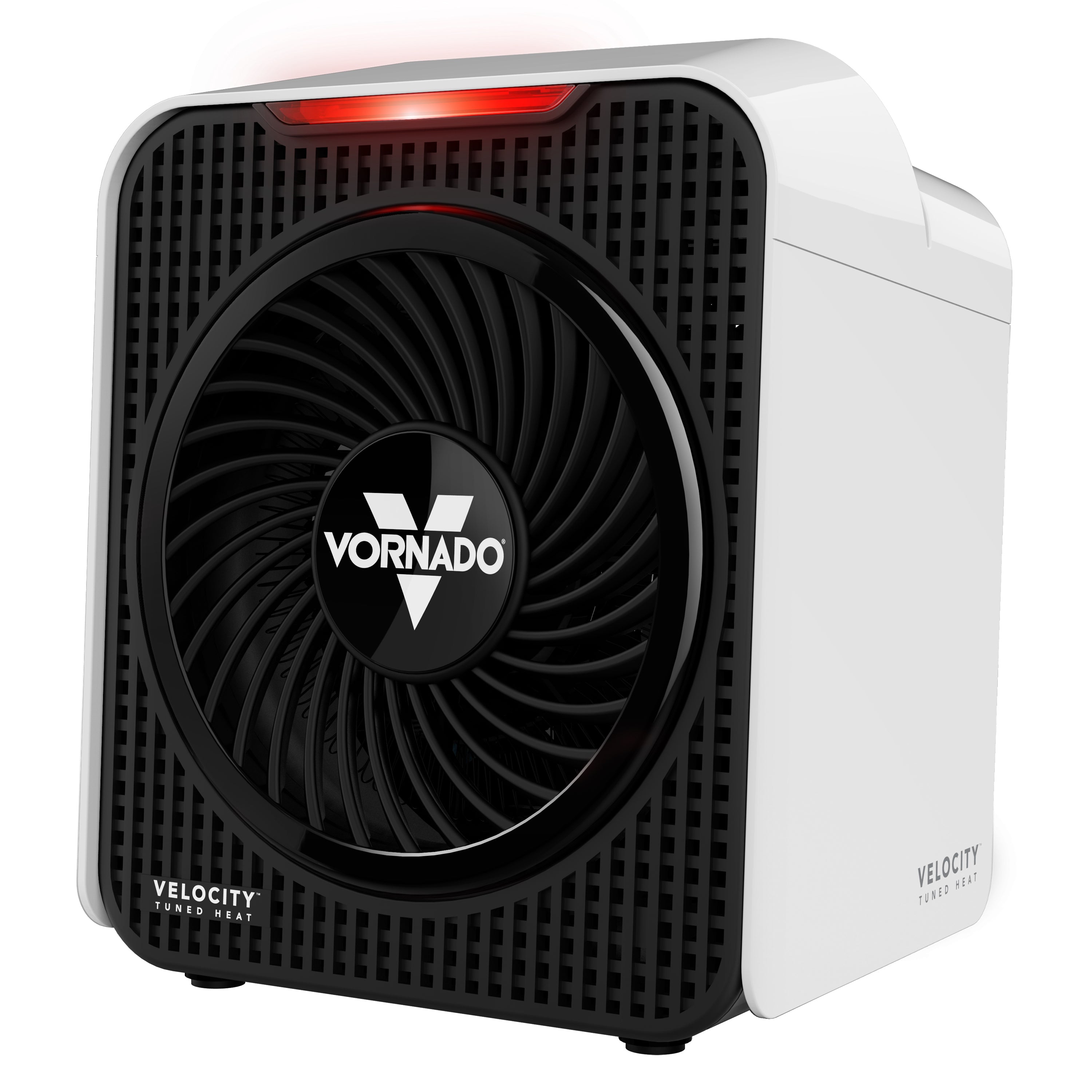 Vornado personal heater with black and white design on a white background