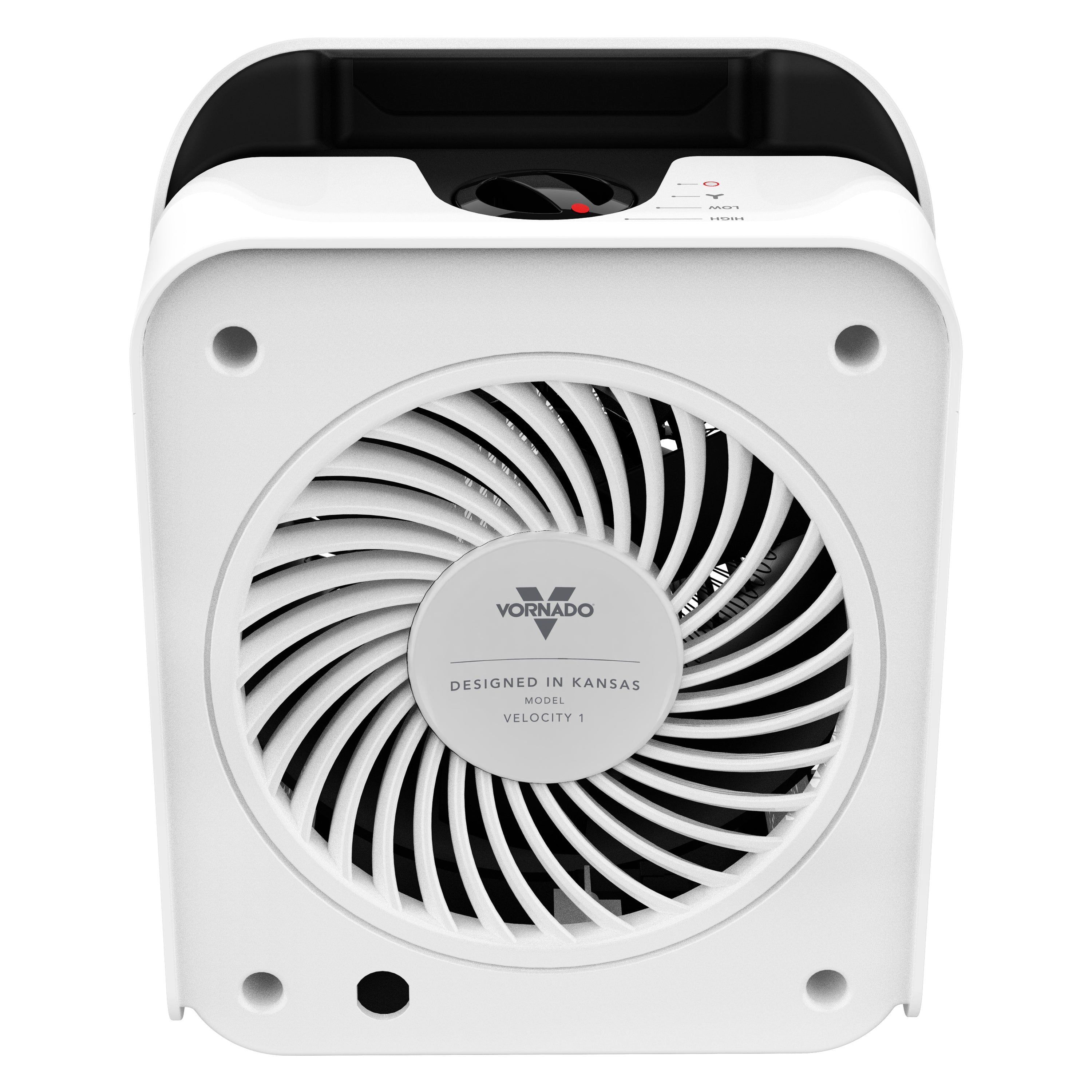 White Vornado heater with black accents on a white background