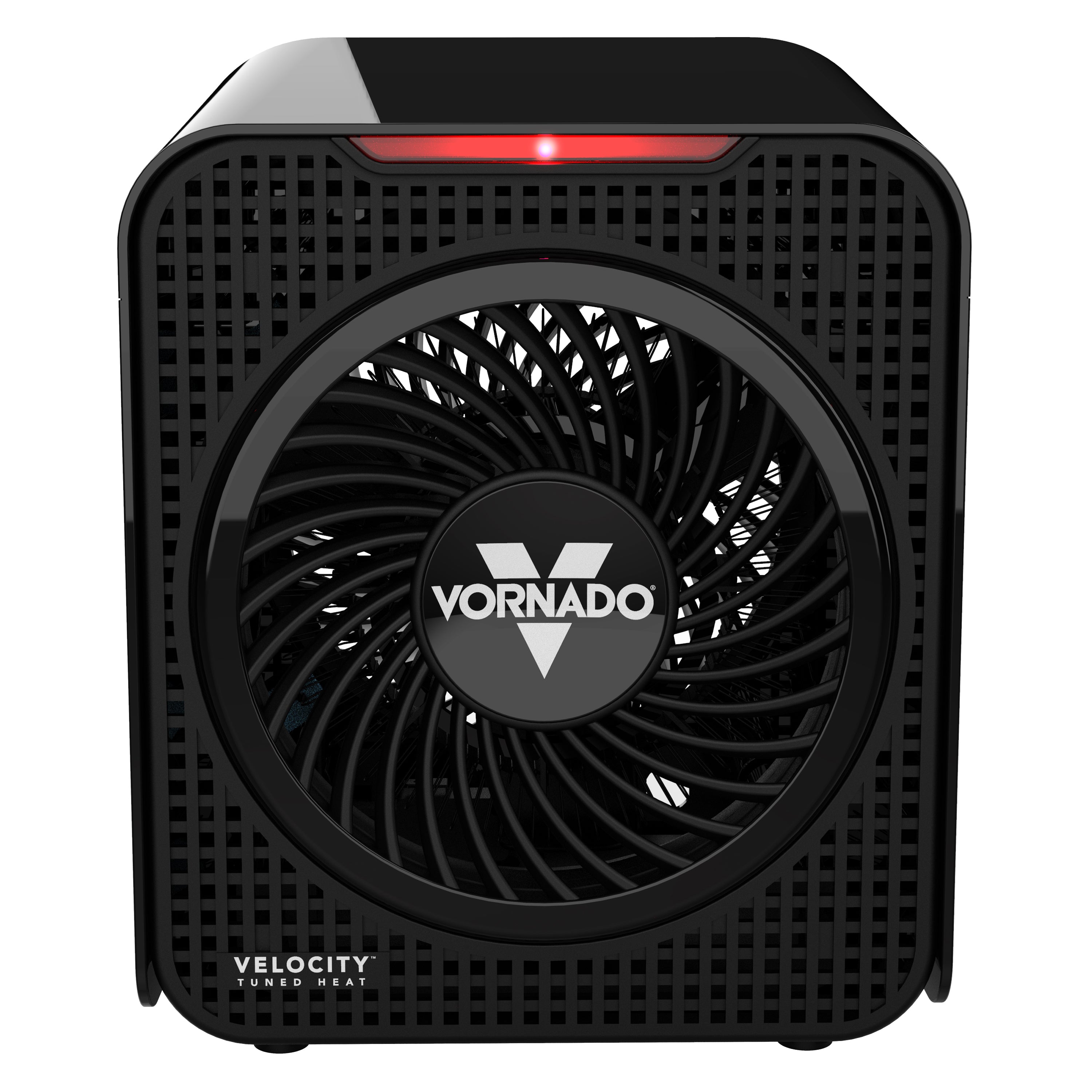 Black Vornado heater with visible brand logo on a white background