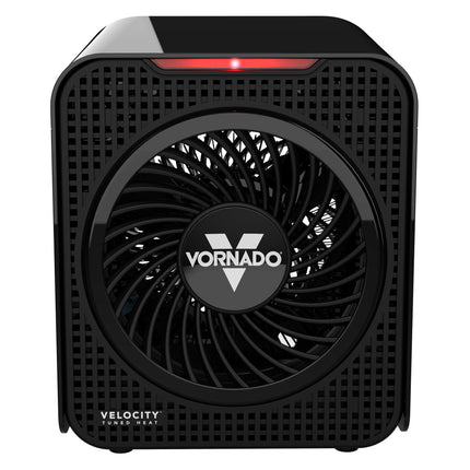 Black Vornado heater with visible brand logo on a white background