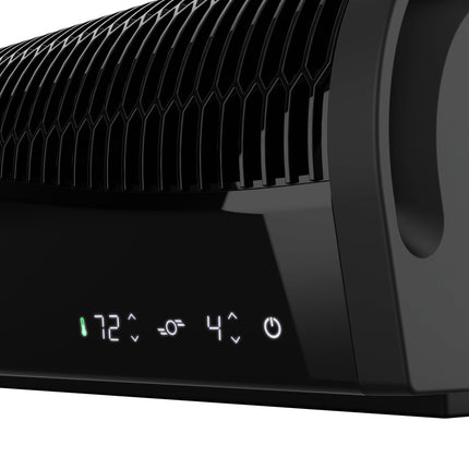 Black window fan with digital display on a white background