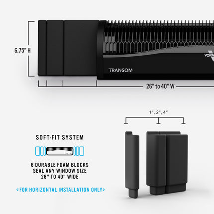 Vornado Transom window seal system with dimensions and features on a white background