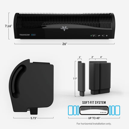Black window fan with dimensions and soft fit system details on a white background