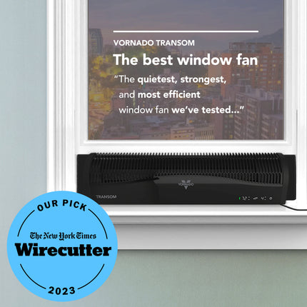 Window fan with text and New York Times Wirecutter badge on a window background