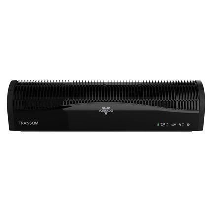 Black window fan with 'Vornado' branding on a white background