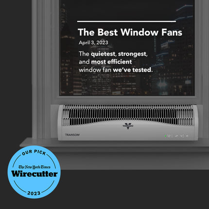Window fan with text about the best window fans and a Wirecutter badge on a dark background