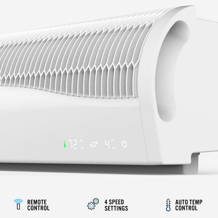 White window fan with digital display on a white background
