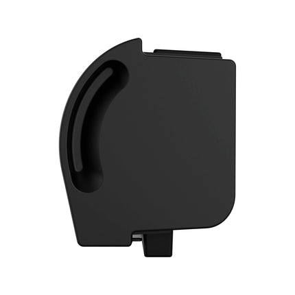 Black window fan side view with rounded edges on a white background