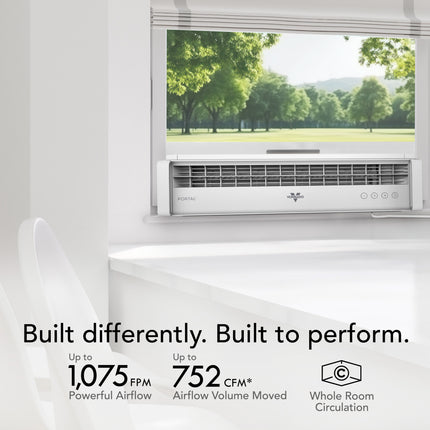 Window air conditioner with outdoor view and performance specifications on a white background