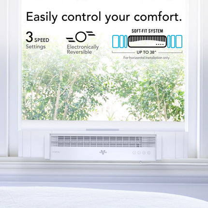 Window air conditioner with features highlighted on a white background
