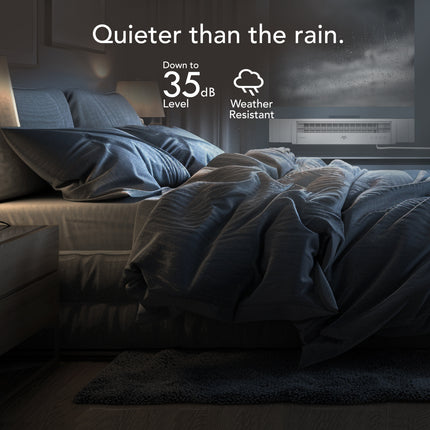 Bedroom scene with a window fan unit labeled 'Quieter than the rain' and 'Down to 35dB'.