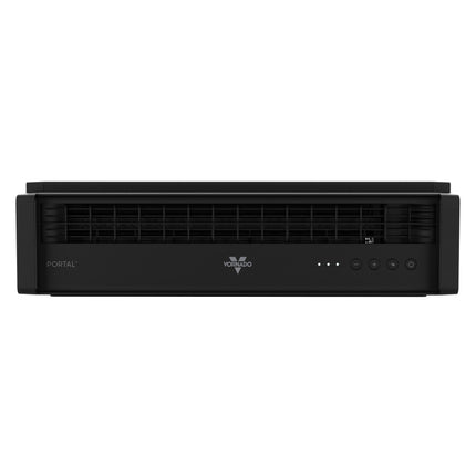 Black window fan with 'Vornado' branding on a white background