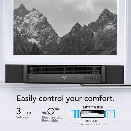 Window fan with mountain view on screen and text about comfort control