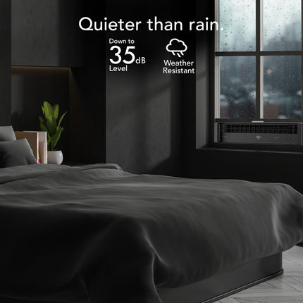 Bedroom with a window showing rain outside, featuring text about noise level and weather resistance.