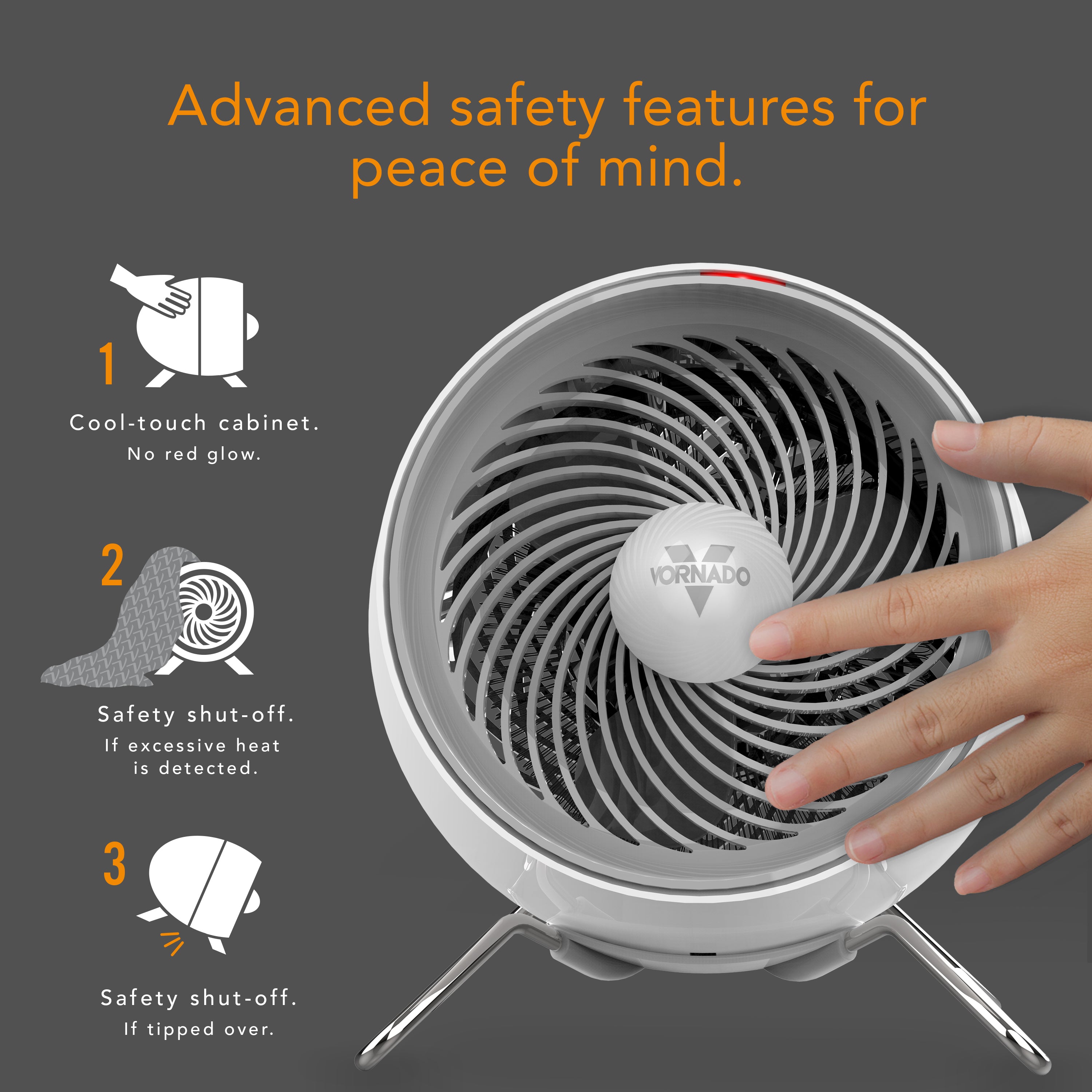 Portable heater with safety features highlighted on a dark background