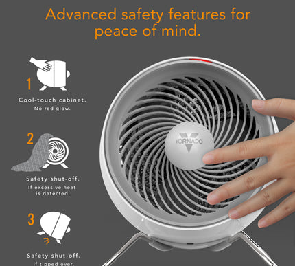 Portable heater with safety features highlighted on a dark background