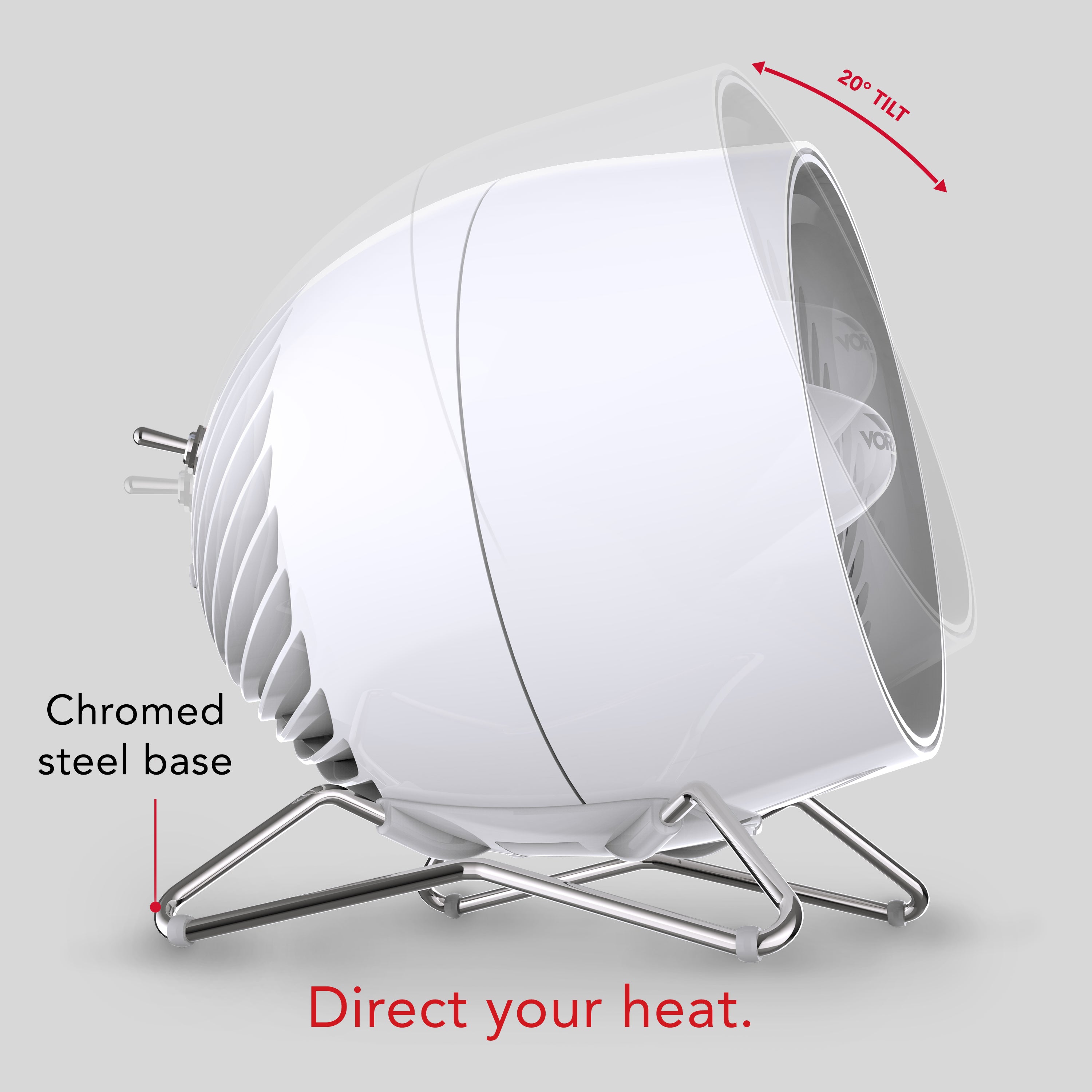 Modern white heater with chrome base on a gray background