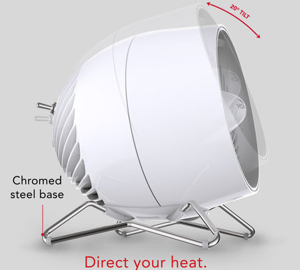 Modern white heater with chrome base on a gray background