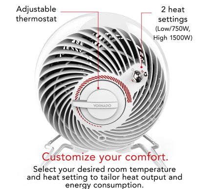 Vornado heater with adjustable thermostat and heat settings on a white background