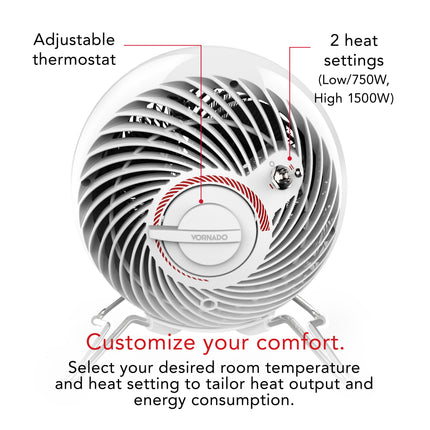 Vornado heater with adjustable thermostat and heat settings on a white background