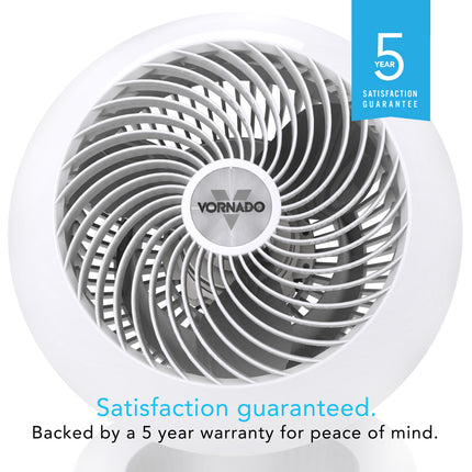 Vornado fan with a 5-year satisfaction guarantee badge on a white background