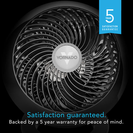 Vornado fan with a 5-year satisfaction guarantee badge on a black background