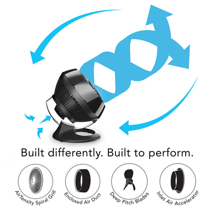 Black fan with blue arrows and text on a white background